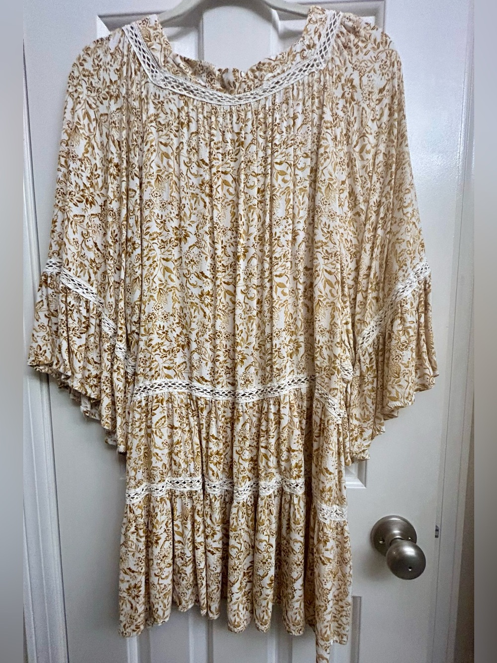 Free People Boho Floral Crochet Trim Tunic ~Dress in Mustard Ivory XL - Picture 4 of 9
